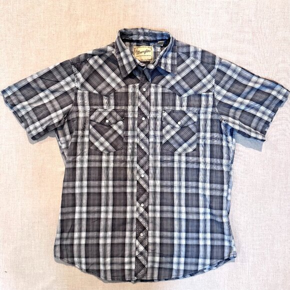 Wrangler Western Pearl Snap Shirt Men’s Large Gray Plaid Short Sleeve Cowboy Rod - Picture 1 of 6